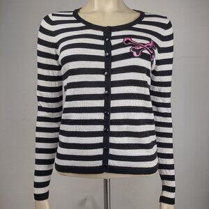 Too Fast black white striped pink skull button front cardigan sweater Medium